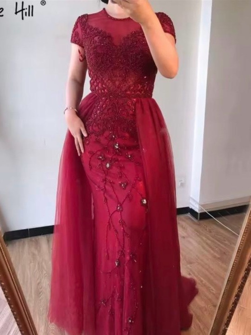 Beaded Burgundy Prom Gown with Tulle Overlay